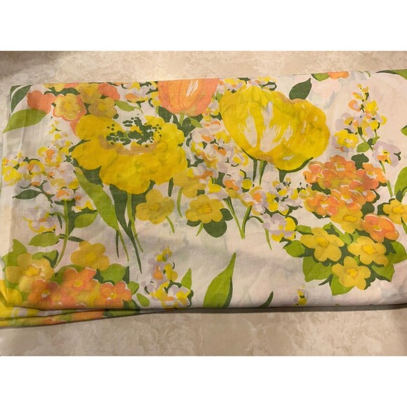 VTG Cannon No Iron Full Fitted Sheet 70s Tulips Floral Orange Yellow Green Craft - Picture 7 of 8